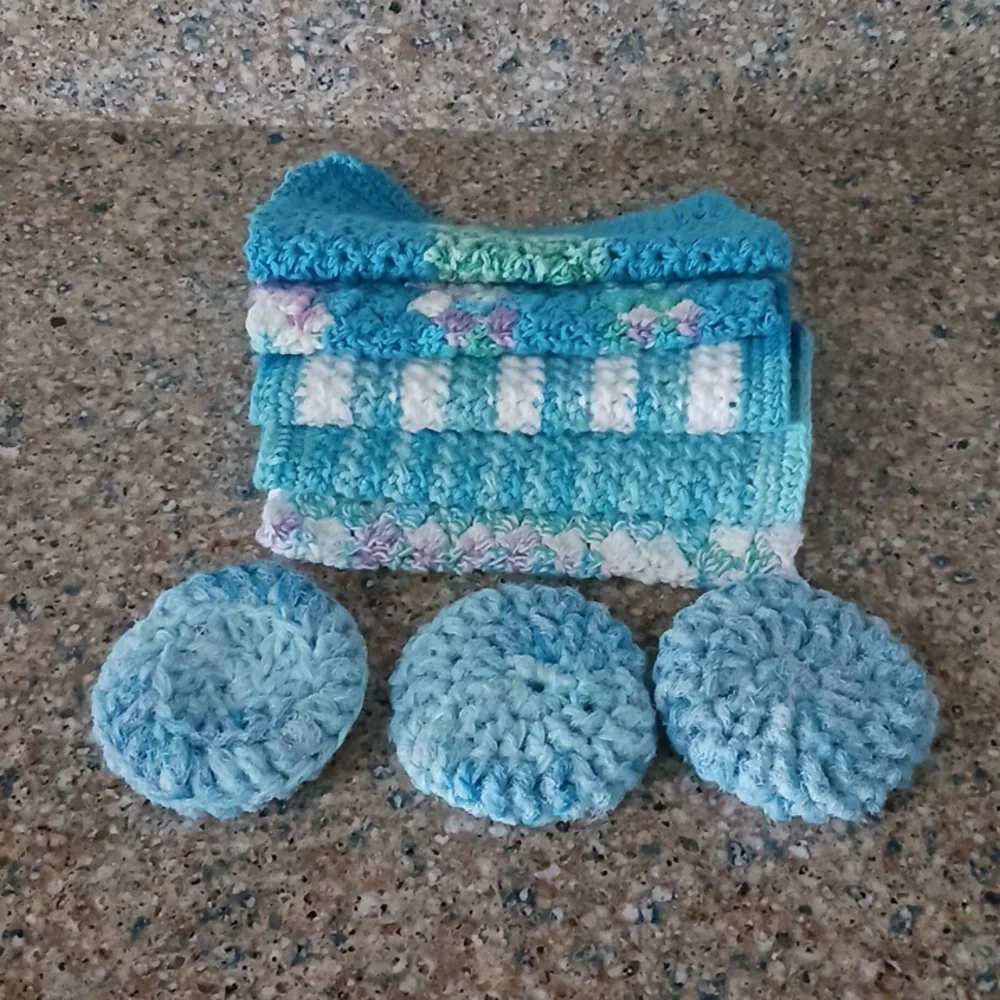Hostess Set 5 dishcloths 3 scrubbies crochet handmade Blue Purple Spring